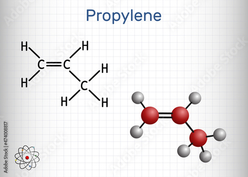 Propene, propylene molecule. It is simplest member of the alkene class of hydrocarbons, unsaturated organic compound with double bond. Sheet of paper in a cage
