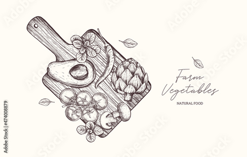 Vector hand drawn vegetables on a wooden board in vintage engraving style. Artichoke, avocado, cherry tomatoes, pepper, lettuce, mushrooms. Growing food concept. Organic eco fresh vegetables. 