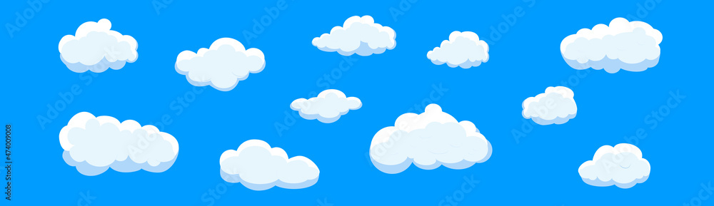 Clouds set isolated on blue background. Collection of clouds for web site, poster, placard and wallpaper. Creative modern concept. Clouds vector illustration Clouds set isolated on blue background. Collection of clouds for web site, poster, placard and wallpaper. Creative modern concept. Clouds vector illustration