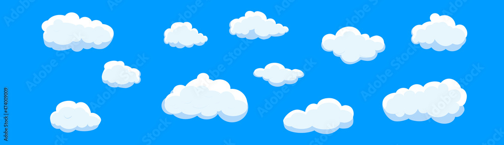 Clouds set isolated on blue background. Collection of clouds for web site, poster, placard and wallpaper. Creative modern concept. Clouds vector illustration Clouds set isolated on blue background. Collection of clouds for web site, poster, placard and wallpaper. Creative modern concept. Clouds vector illustration
