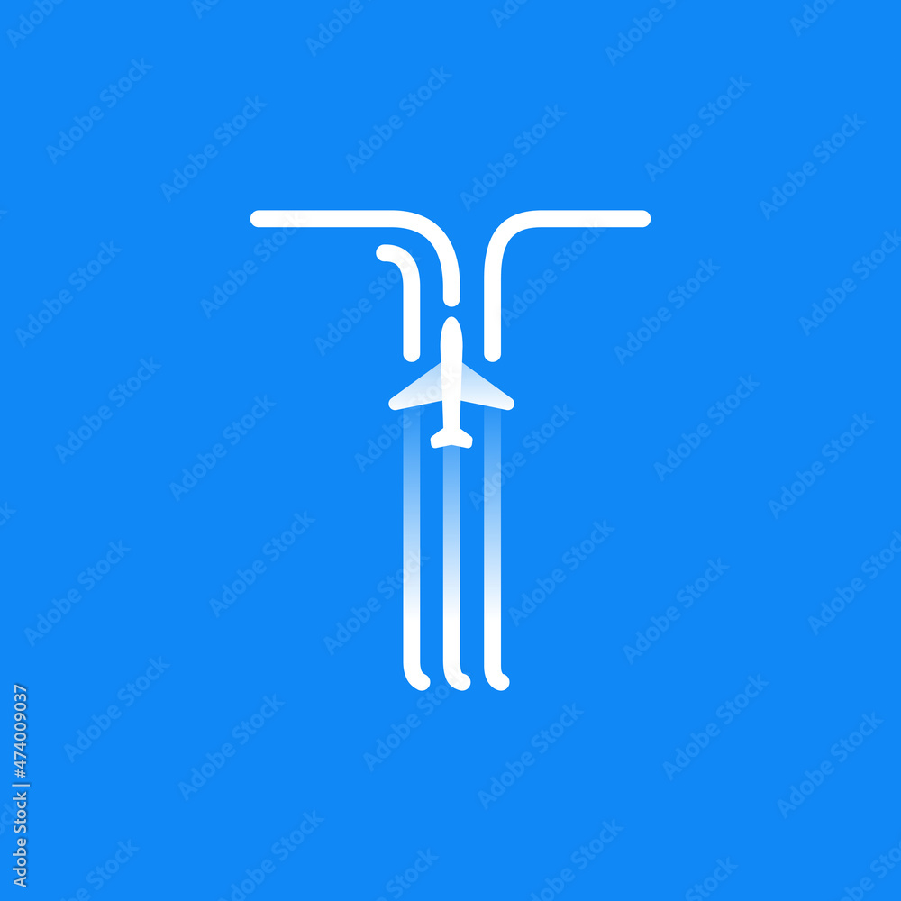 Letter T logo is made of three parallel lines with a plane icon. Letter T logo is made of three parallel lines with a plane icon.