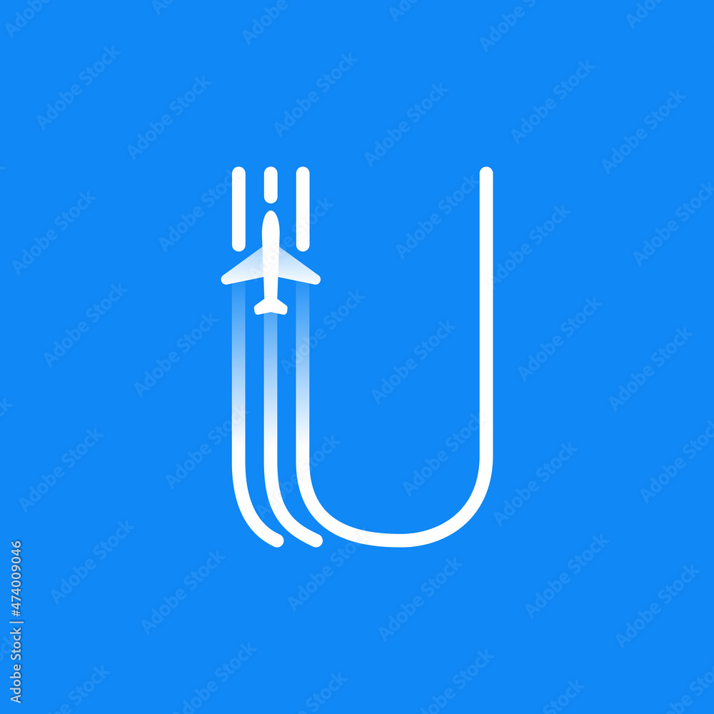 Letter U logo is made of three parallel lines with a plane icon.
