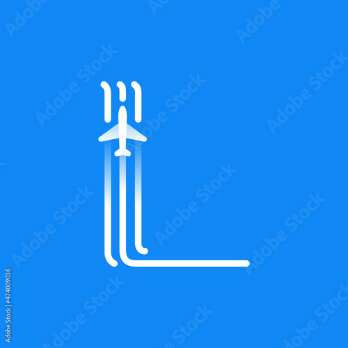 Letter L logo is made of three parallel lines with a plane icon.