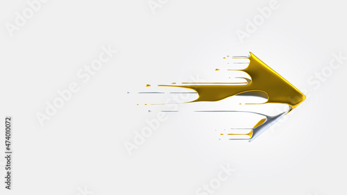 Gold colored liquid arrow flying past white background