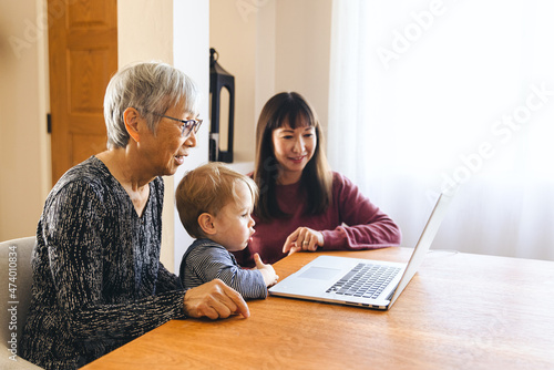 Woman With Grandson Video Calling Through Laptop