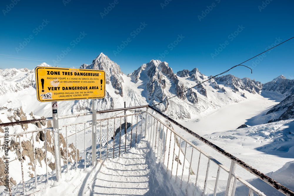 Warning sign at the top of the Grands-Montets cable car station, near Chamonix, France