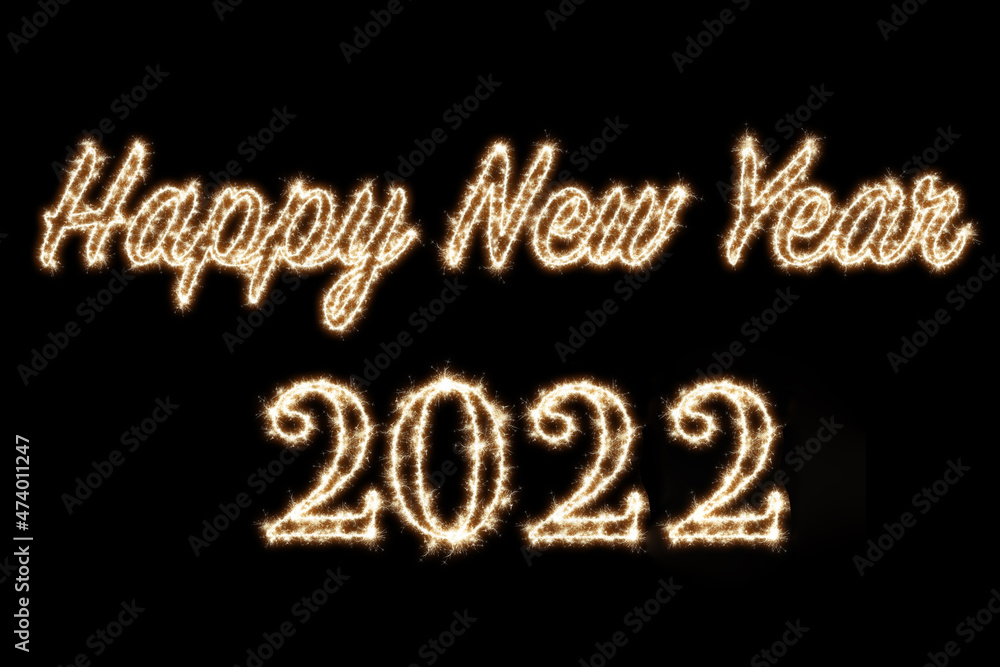 Happy new year 2022 text written with Sparkle firework on black background