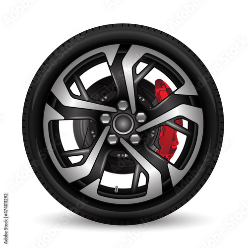 Aluminum wheel car tire style racing black grey disk break on white background vector