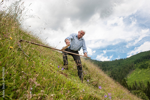 Senior farmer working cutting plants with scythe on hill at Salzburg State, Austria photo