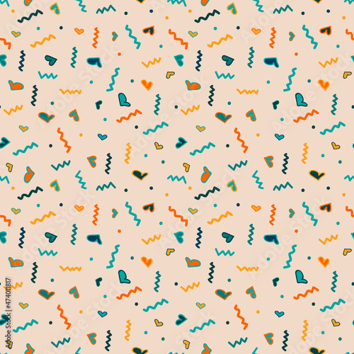 Hearts and confetti, vector seamless pattern