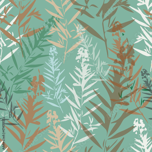 Organic background, vector. Botanical seamless pattern with wild herbs