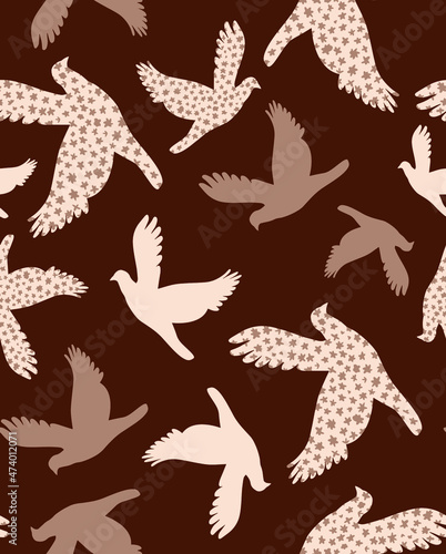 Abstract Hand Drawing Flying Pigeons Seamless Vector Pattern Isolated Background
