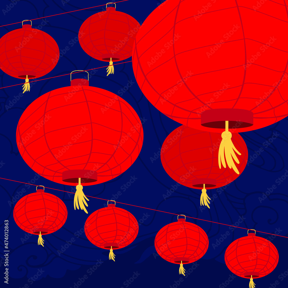 Obraz premium Red lanterns on the background of the night sky in Asian style