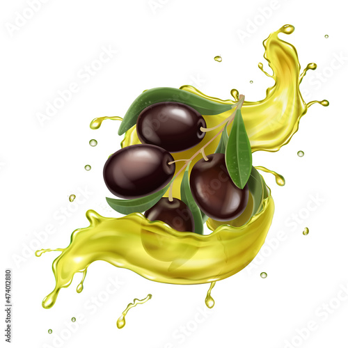 Olive oil golden splash, black olives branch, oil drops realistic