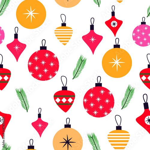 Seamless pattern christmas balls and branch isolated on white. Vector illustration fir card, textile, fabric, paper design, wallpaper