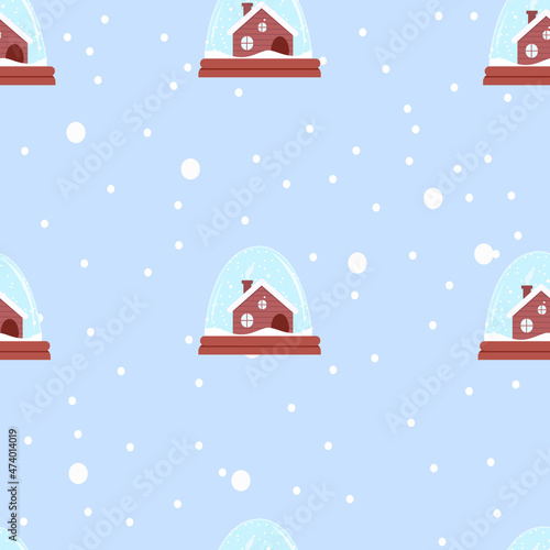  Seamless pattern  snow globe isolated on blue. vector illustration for card, textile, fabric, paper design, wallpaper, kids