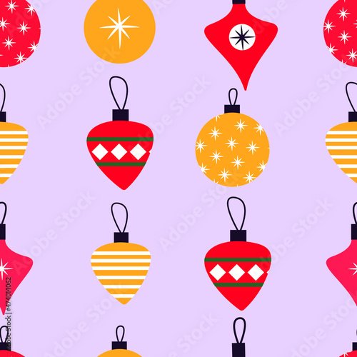 Seamless pattern christmas balls isolated on light gray. Vector flat style illustration for card, textile, fabric, paper design