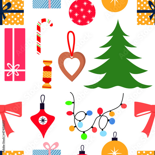 Seamless pattern with New Year, Christmas elements isolated on white. Design for card, textile, fabric, paper design