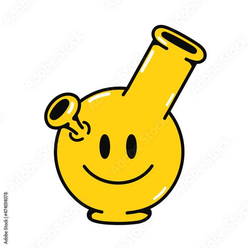 Bong with smile face emoji logo. Vector hand drawn doodle cartoon character logo illustration. Smile emoji face,bong,smoke cannabis,weed,marijuana print for t-shirt, poster, card concept