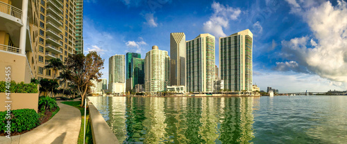 Downtown Miami at sunrise from Brickell Key, Florida. - Panoramic view