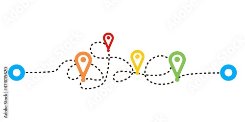 Confusing dashed paths routes isolated on white background. Transport tracking, travel, map pins, location pins.