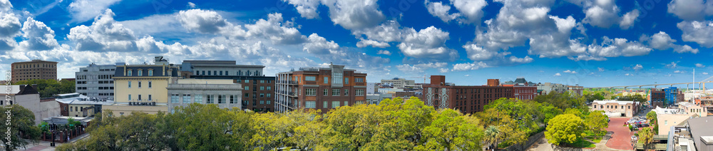 Fototapeta premium Aerial panoramic view of Savannah skyline, Georgia in spring season, USA - Panoramic view