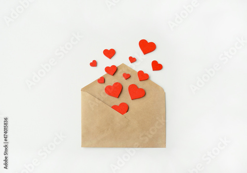 Envelope and red hearts, love letter.  Valentine's Day greeting card. 14 February concept