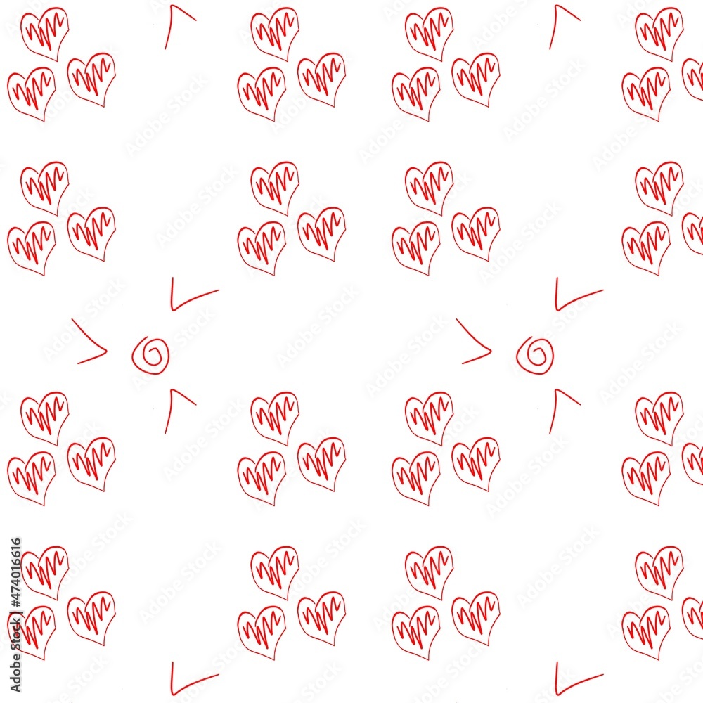 Repeating pattern of hearts on a white background. Doodle style. An image for a poster or cover. Raster illustration. Repeating texture. Background for scrapbooking, albums, advertising, blogging.