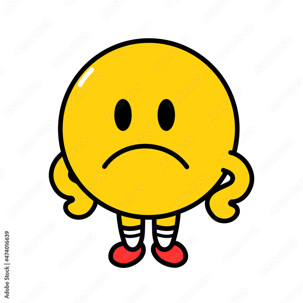 Cute funny sad emoji face. Vector flat line doodle cartoon kawaii character illustration icon. Isolated on white background. Yellow emoji circle character concept Cute funny sad emoji face. Vector flat line doodle cartoon kawaii character illustration icon. Isolated on white background. Yellow emoji circle character concept