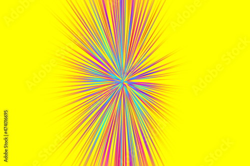 Abstract surface of radial zoom blur in blue and pink tones on yellow background. Bright colorful background with radial, diverging, converging lines.
