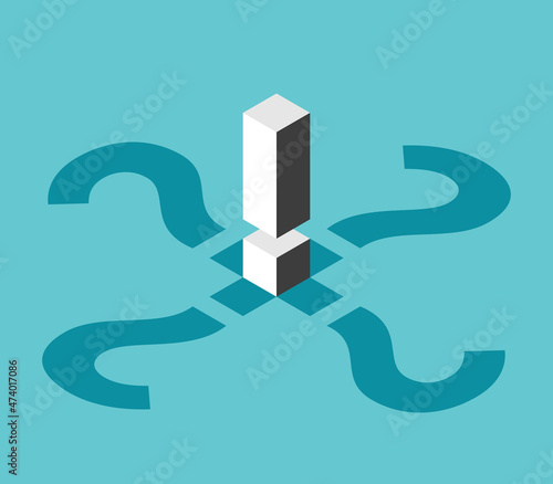 Isometric exclamation mark, question shadows. Doubt, confusion, uncertainty, search of truth, decision making and choice concept. Flat design. EPS 8 vector illustration, no transparency, no gradients