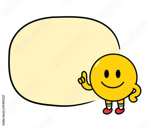 Cute funny emoji smile face with text box. Vector flat line doodle cartoon kawaii character illustration icon. Isolated on white background. Yellow emoji circle character concept