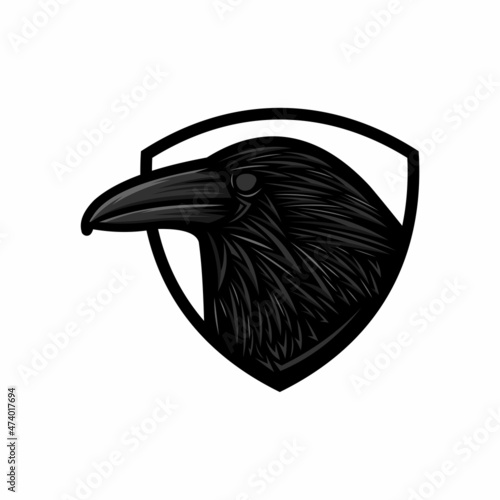 Cartoon raven mascot for sport team club, vector symbol. Basketball or baseball and football soccer or hockey varsity league players mascot badge of angry raven bird in shield chevron