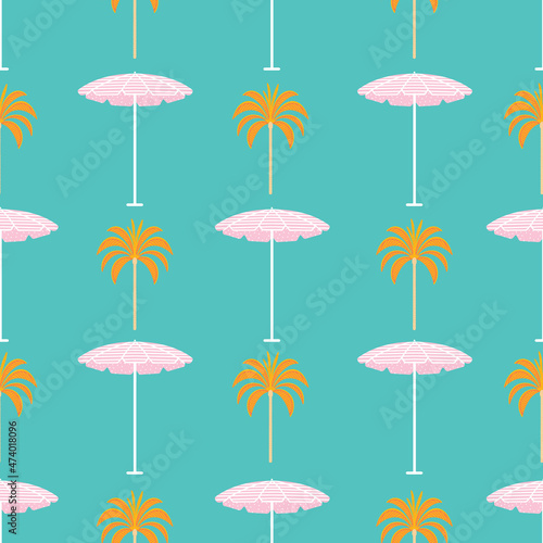 Palm tree and sunshine umbrella pattern repeat retro mid century illustrations inspired by Palm Springs summer. Turquoise blue, pink and orange vector illustration. Fun and cute summer surface design.