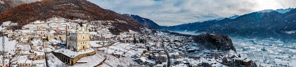 aerial view of the village of Tresivio in Valtellina, Italy, Church of Santa Maria di Loreto