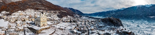 aerial view of the village of Tresivio in Valtellina, Italy, Church of Santa Maria di Loreto
