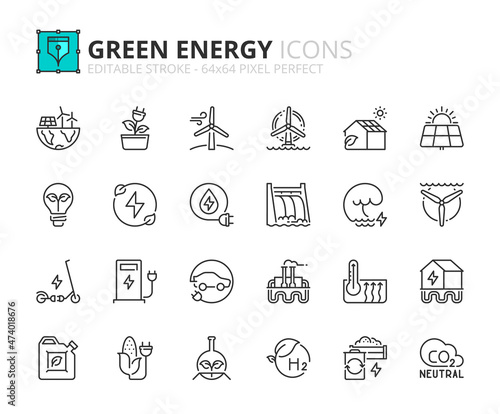 Simple set of outline icons about green energy. Ecology concept.
