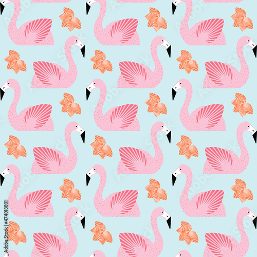 Pool flamingo pattern repeat with geometric mid century illustrations inspired by a Palm Springs pool party. Vector illustration in pink, turquoise blue and orange colors. Fun and cute summer surface photo