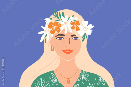 Young beautiful woman with flower head wreath. Pretty female. Stylish blue eyes blonde girl with long hair. Natural beauty. Self care, love. International women day postcard. Art vector illustration