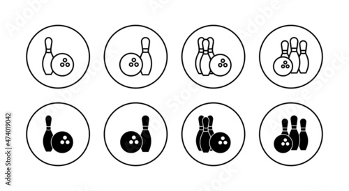 Bowling icons set. bowling ball and pin sign and symbol.