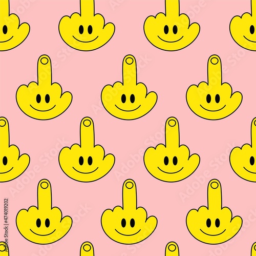 Middle finger gesture with smile face seamless pattern. Keep smiling quote text. Vector cartoon character illustration.Smile face, middle finger gesture seamless pattern print,wallpaper concept