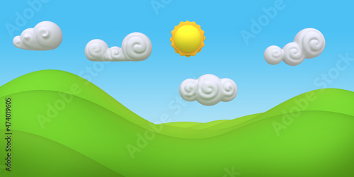Cartoon nature green summer landscape. Colorful modern minimalistic concept render. Stylized funny children clay, plastic or wood toy. Realistic fashion 3d illustration for background game.