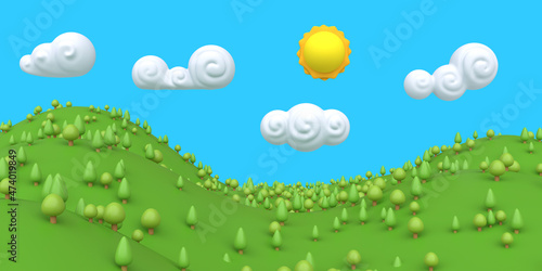 Cartoon nature green summer landscape with tree. Colorful modern minimalistic concept render. Stylized funny children clay, plastic or wood toy. Realistic fashion 3d illustration for background game.