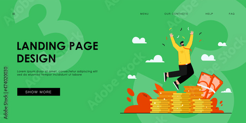 Cheerful rich banker jumping and celebrating trade success flat vector illustration. Cartoon happy businessman getting salary or income. Market growth and finance concept