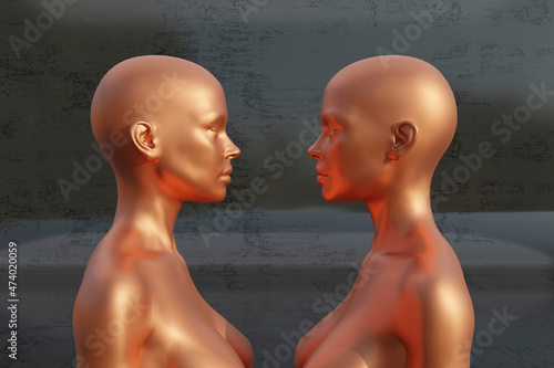 Three dimensional render of two female clones standing face to face photo