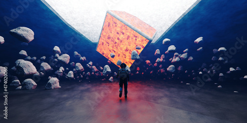 Three dimensional render of astronaut walking toward large mysterious floating cube photo