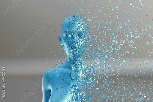 Three dimensional render of woman disintegrating into tiny pieces photo