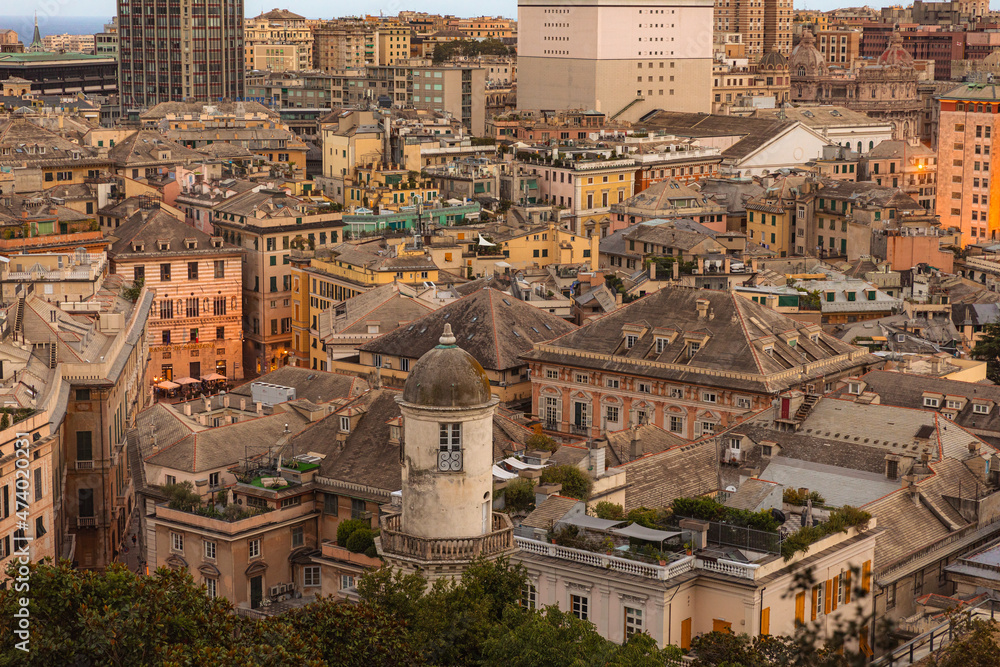  spectacular views of the historic city center of Genoa from Castelletto at sunset