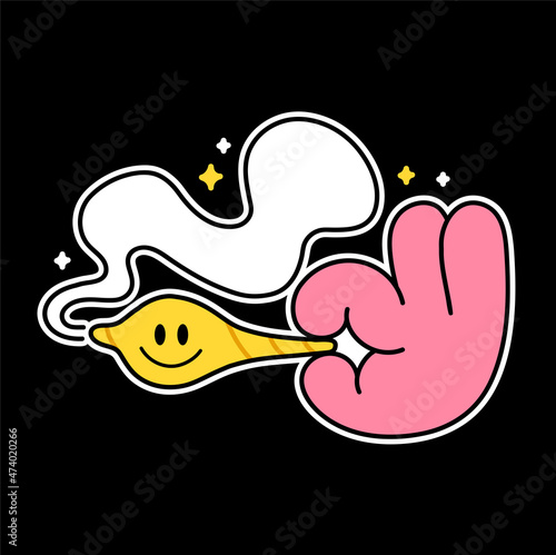 Cute funny hand hold weed joint with smile face. Vector doodle line cartoon kawaii character sticker illustration logo icon. Funny cartoon hand with marijuana,weed,cannabis joint,smoking logo concept