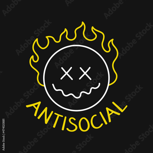 Smile face burn in fire. Antisocial quote. Vector hand drawn doodle line cartoon character illustration. Antisocial,dead smile face,burn print for t-shirt, poster,sticker,cover,card concept